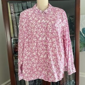 Talbots Pink Starfish Blouse Large 100% Cotton Button Down